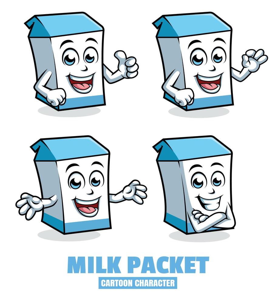 Milk Packet Cartoon mascot character vector illustration set in differnt poses, thumb up, ok, surprise