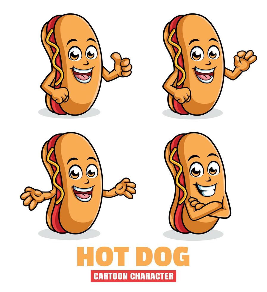 Hot Dog Cartoon mascot character vector illustration set in differnt poses, thumb up, ok, surprise