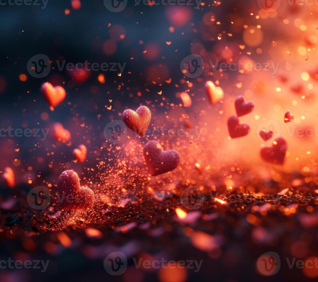 AI Generated Valentines day background with red hearts and sparkles in the air photo
