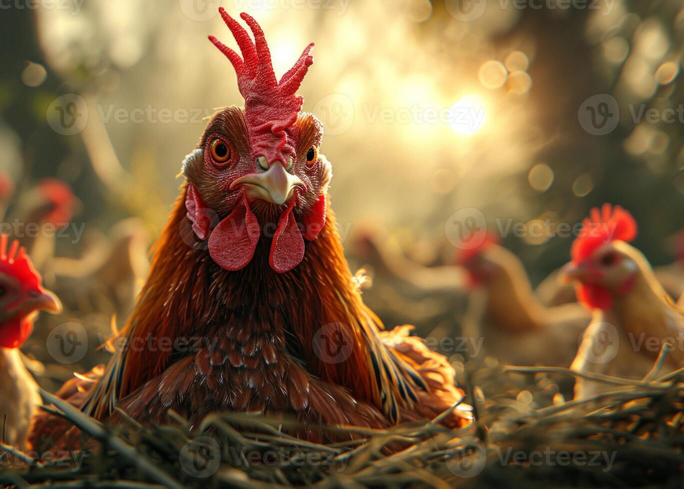 AI generated A few chicken are sitting in straw on the ground. A group of chickens standing on a pile of hay, pecking and scratching the ground. photo