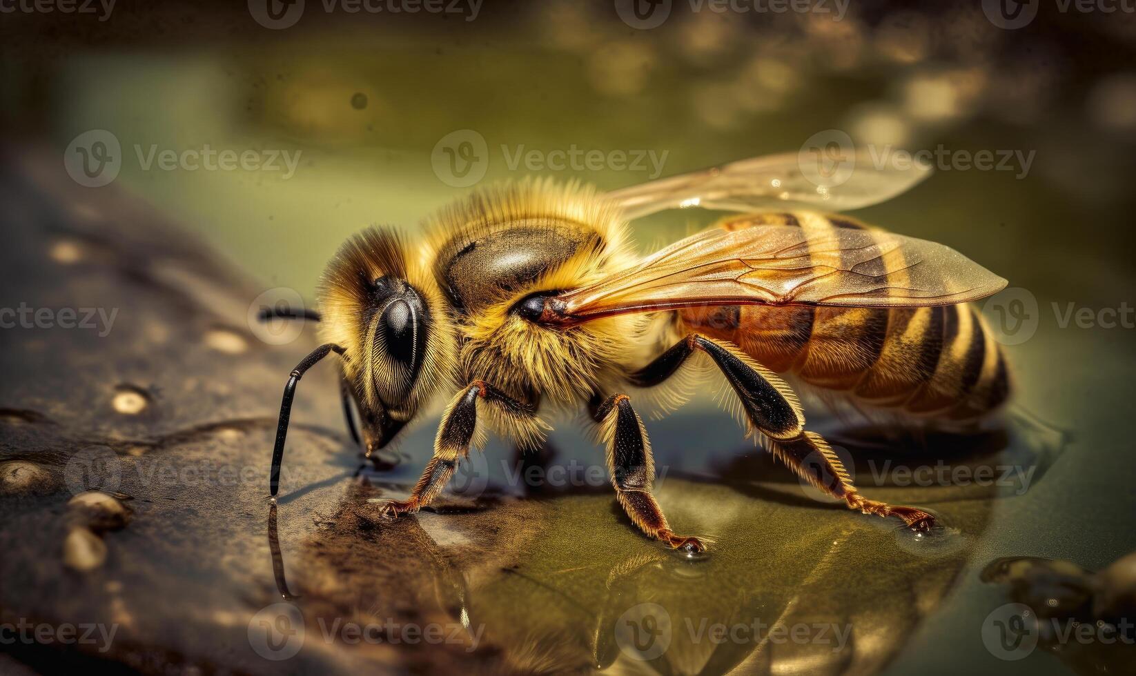 AI Generated Bee drinking water from puddle photo