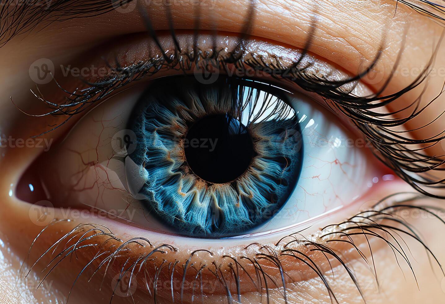 AI generated Close up of a blue eye. This close-up photograph showcases a blue iris, providing a detailed view of the intricate patterns and colors in the eye. photo