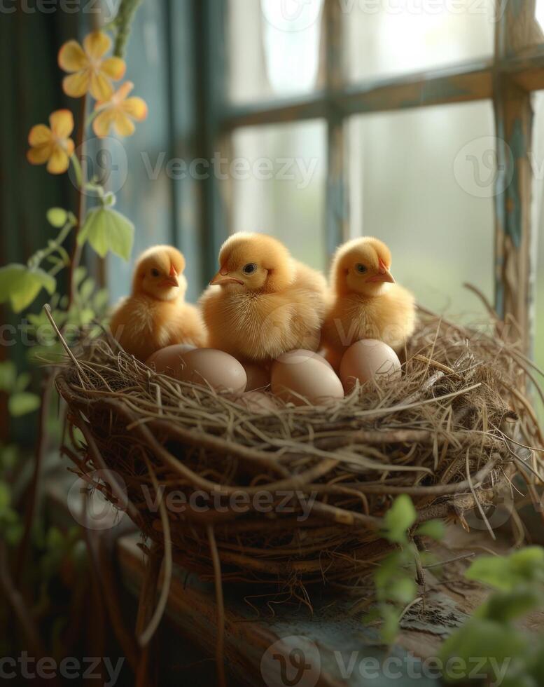 ai generado Tres pequeño amarillo polluelos en nido con huevos foto