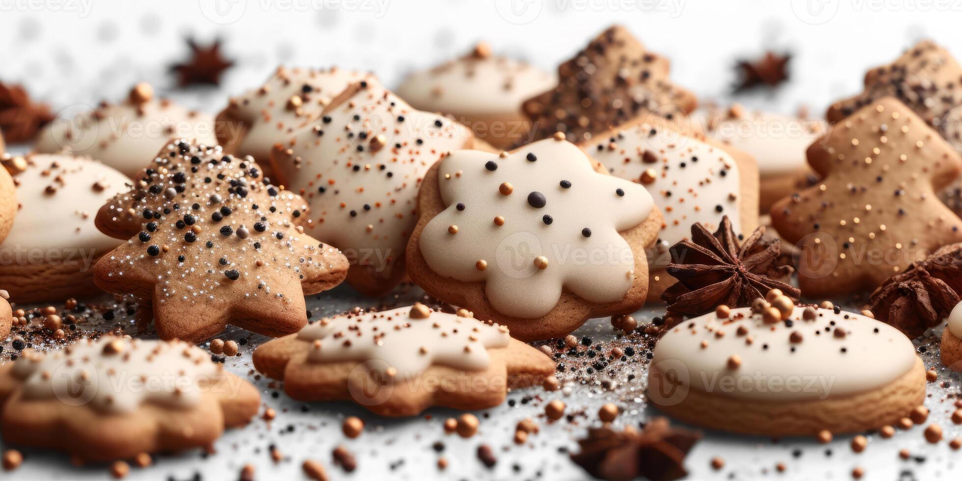 AI generated Christmas gingerbread cookies on a clear background. A table covered with numerous cookies topped with icing in a variety of flavors and designs. photo