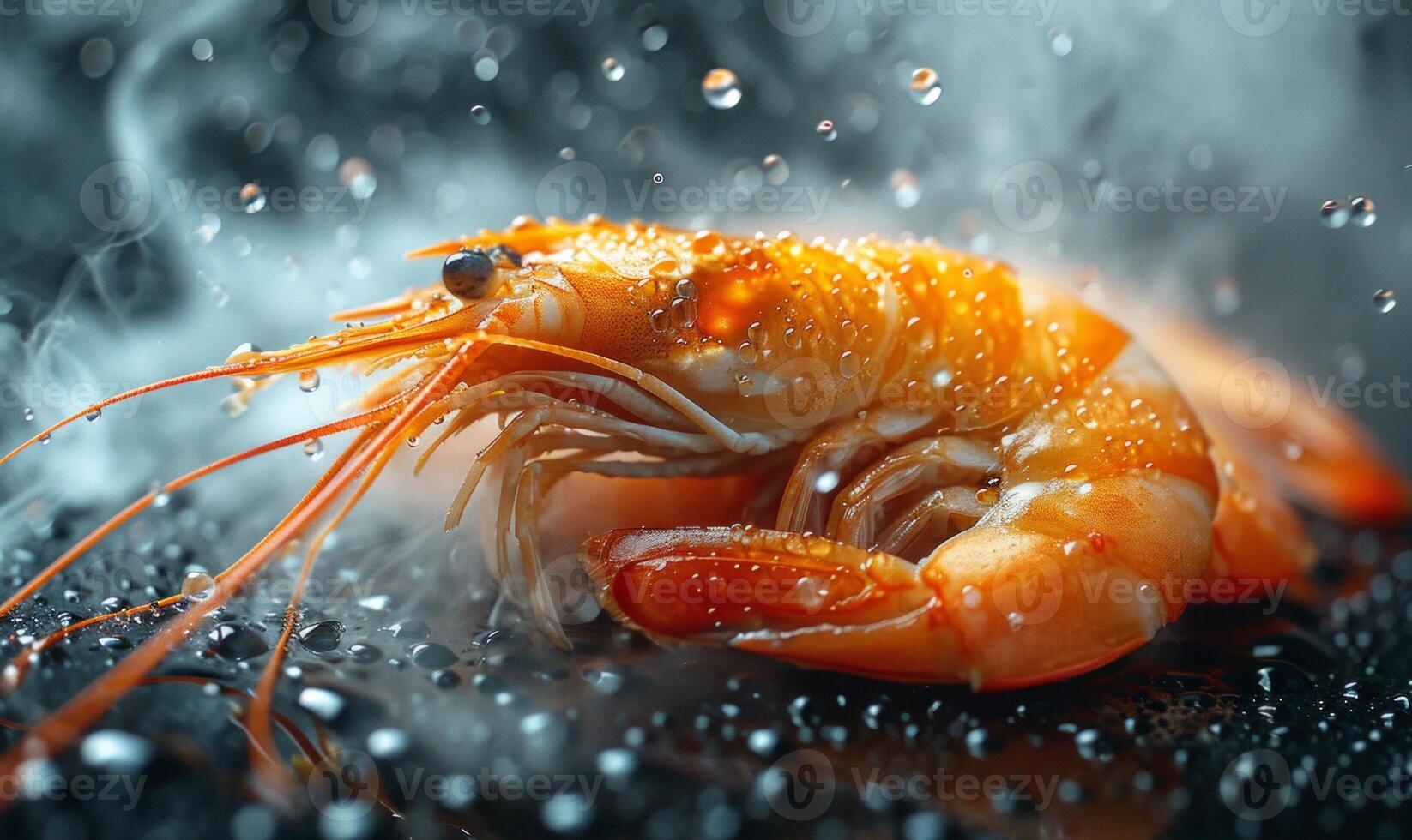 AI generated Crayfish is surrounded by water droplets and steam photo