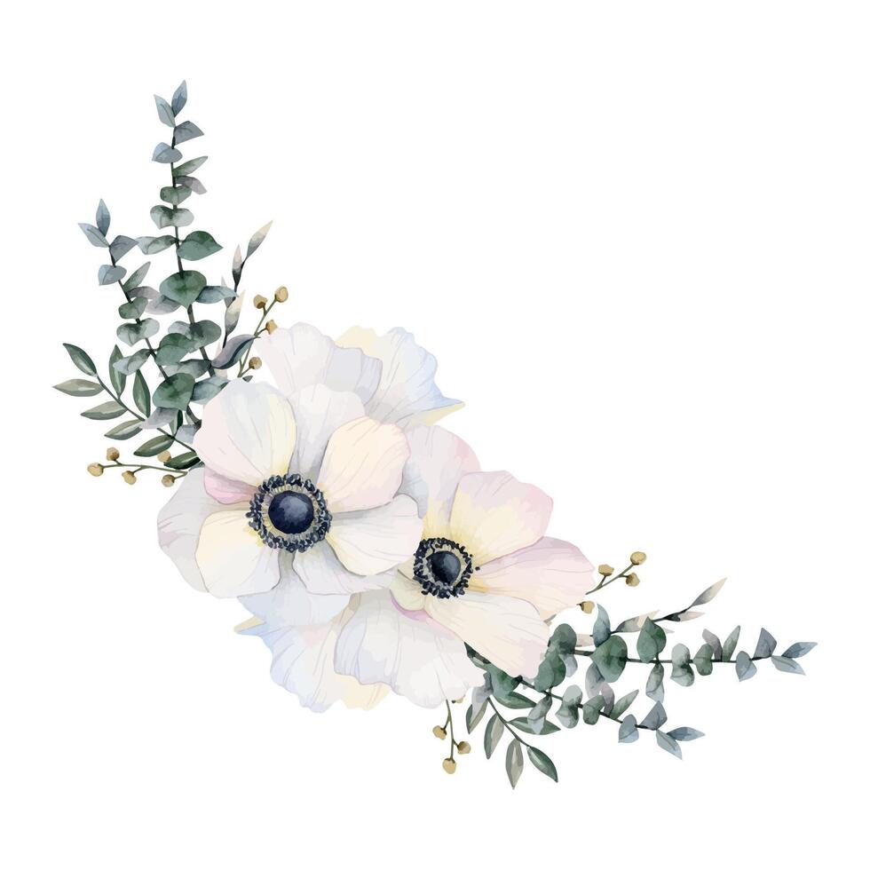 White field poppies bouquet with anemones, eucalyptus and grass vector watercolor illustration for cards and spring wedding