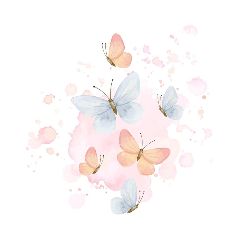 Flying butterflies on watercolor splashes in pastel pink blue colors vector illustration for baby shower and girl room decor