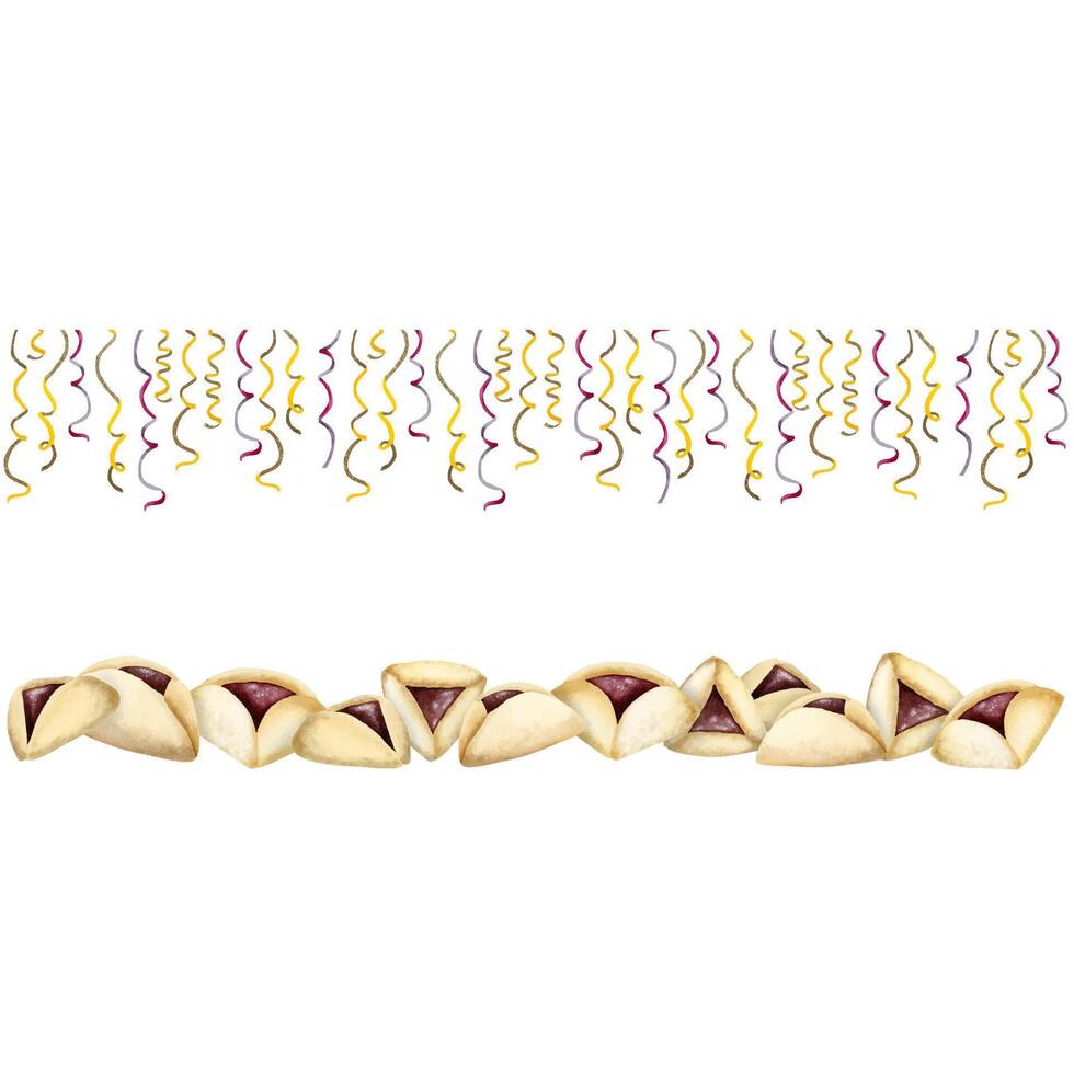 Purim horizontal pancartas con amán orejas y festivo cintas acuarela vector hamantaschen galletas