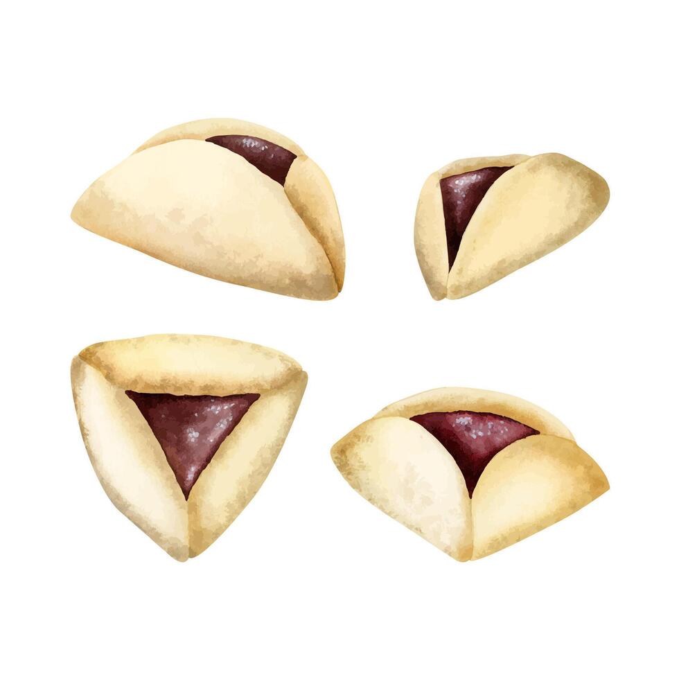 Purim tradicional judío galletas oznei Amán, hamantaschen. conjunto de cuatro acuarela vector ilustración