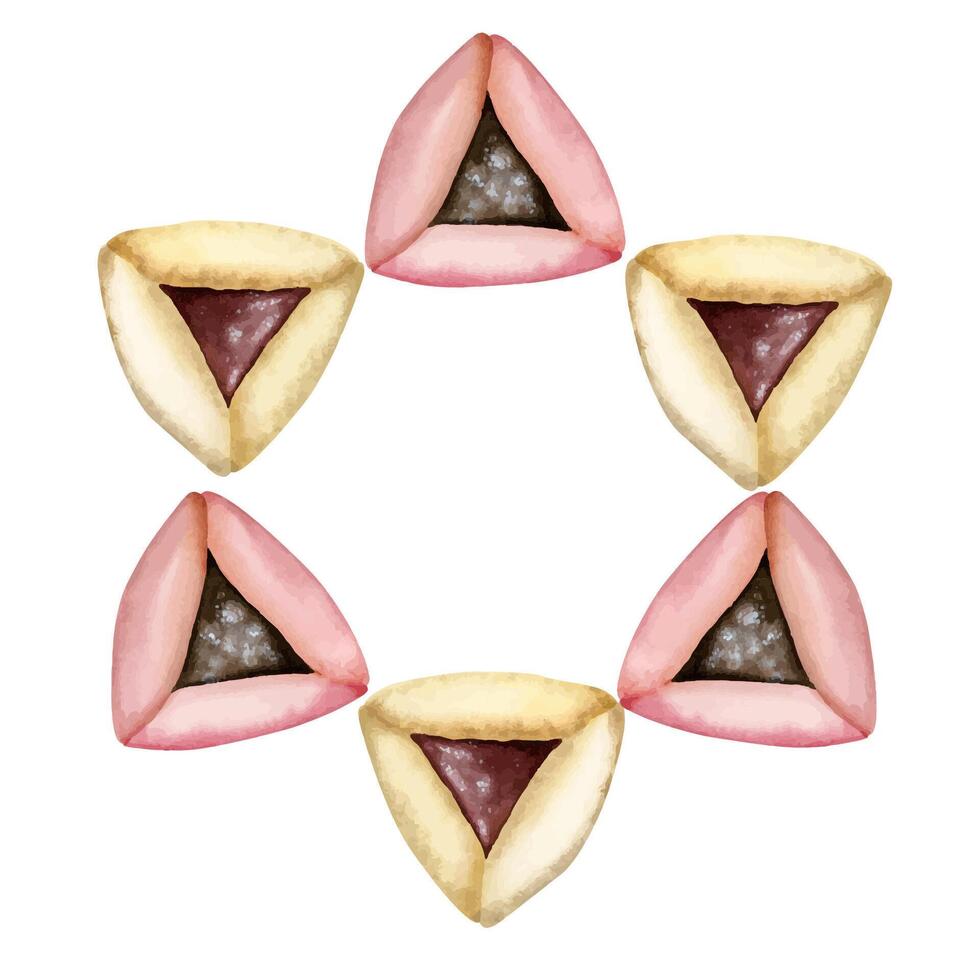 Purim redondo marco de triangular hamantaschen galletas minimalista modelo vector ilustración