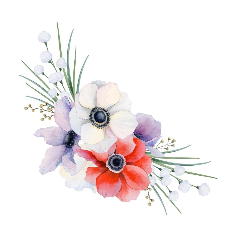 Red poppies and white and pastel purple field anemones flowers corner composition with grass watercolor vector illustration