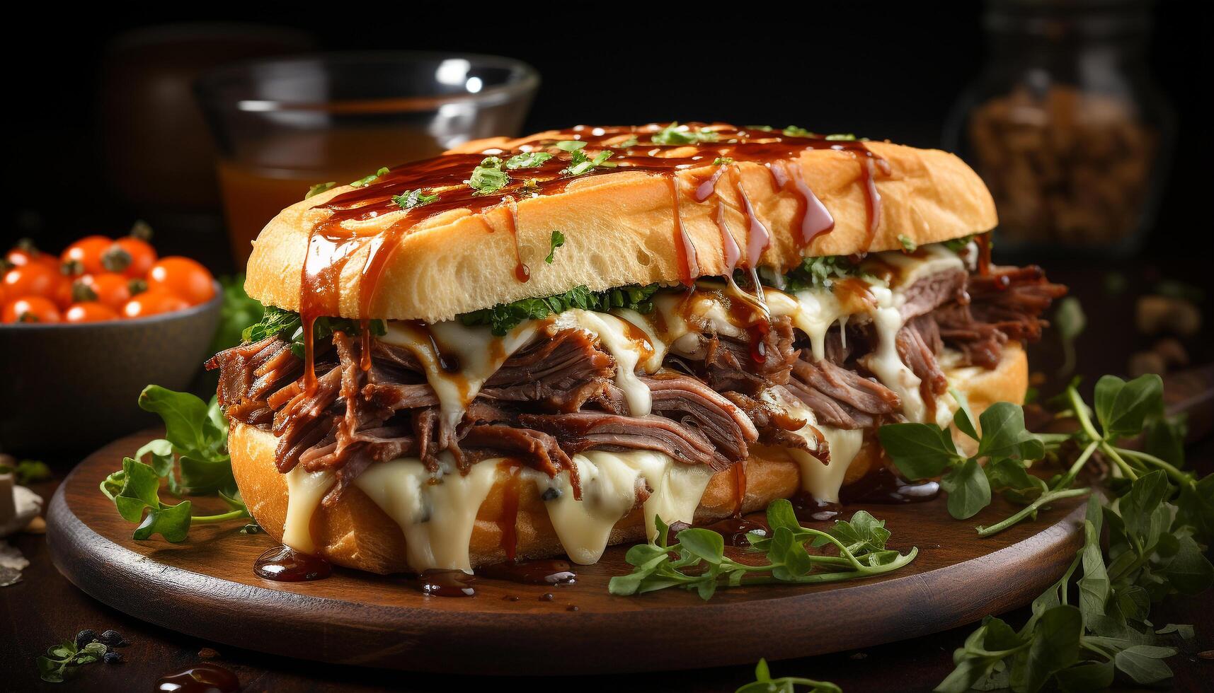 AI generated Grilled beef sandwich with fresh vegetables, ready to eat gourmet meal generated by AI photo