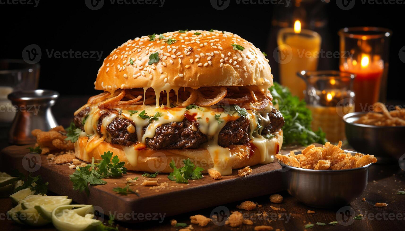 AI generated Grilled beef burger on a wooden table, ready to eat freshness generated by AI photo