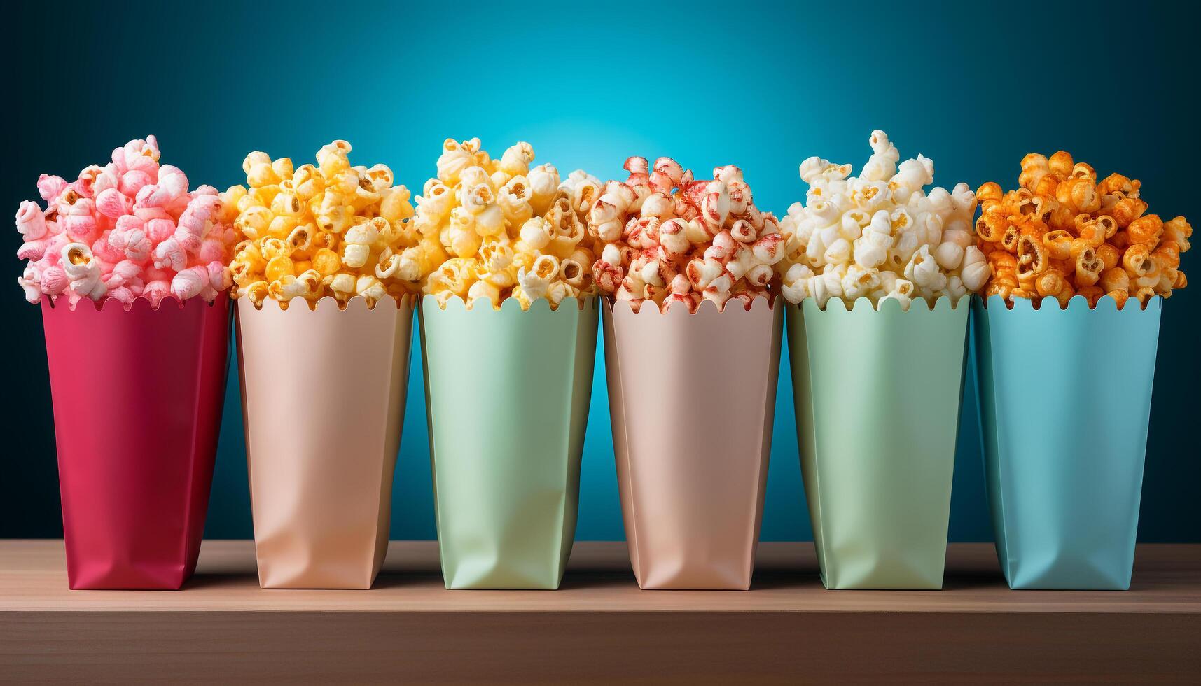 AI generated A large bucket of colorful movie snacks on a table generated by AI photo