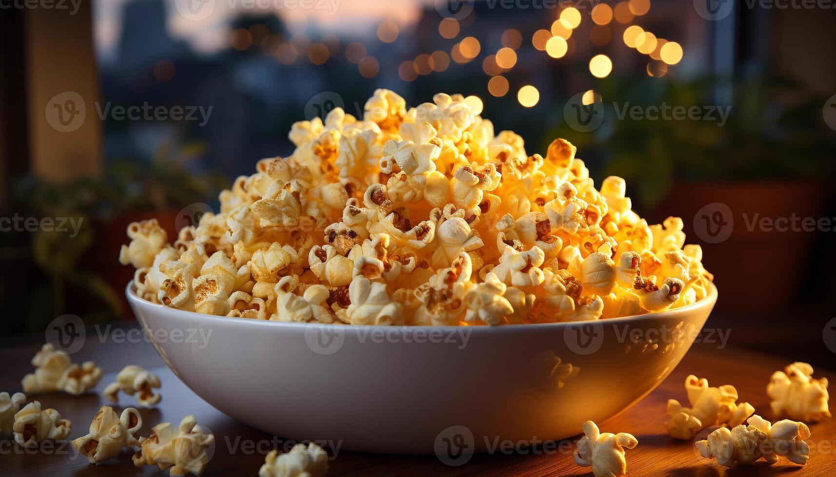 AI generated Fresh popcorn in a yellow bowl, perfect movie theater snack generated by AI photo