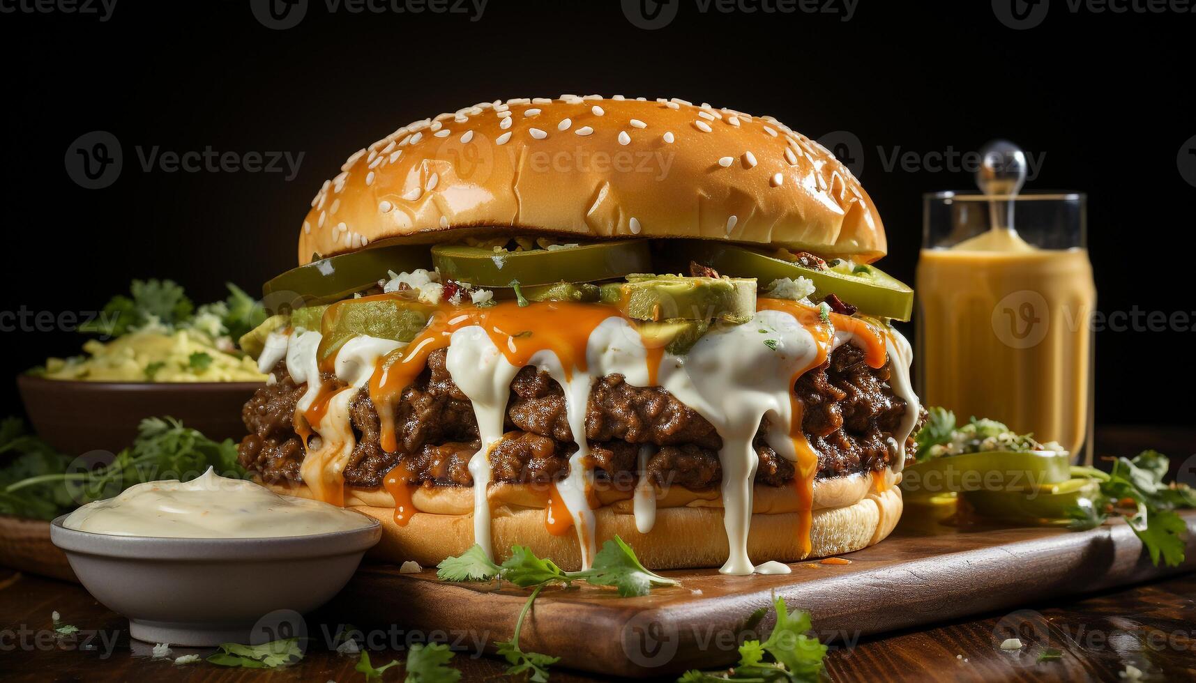 AI generated Grilled burger on bun, topped with cheese and tomato generated by AI photo
