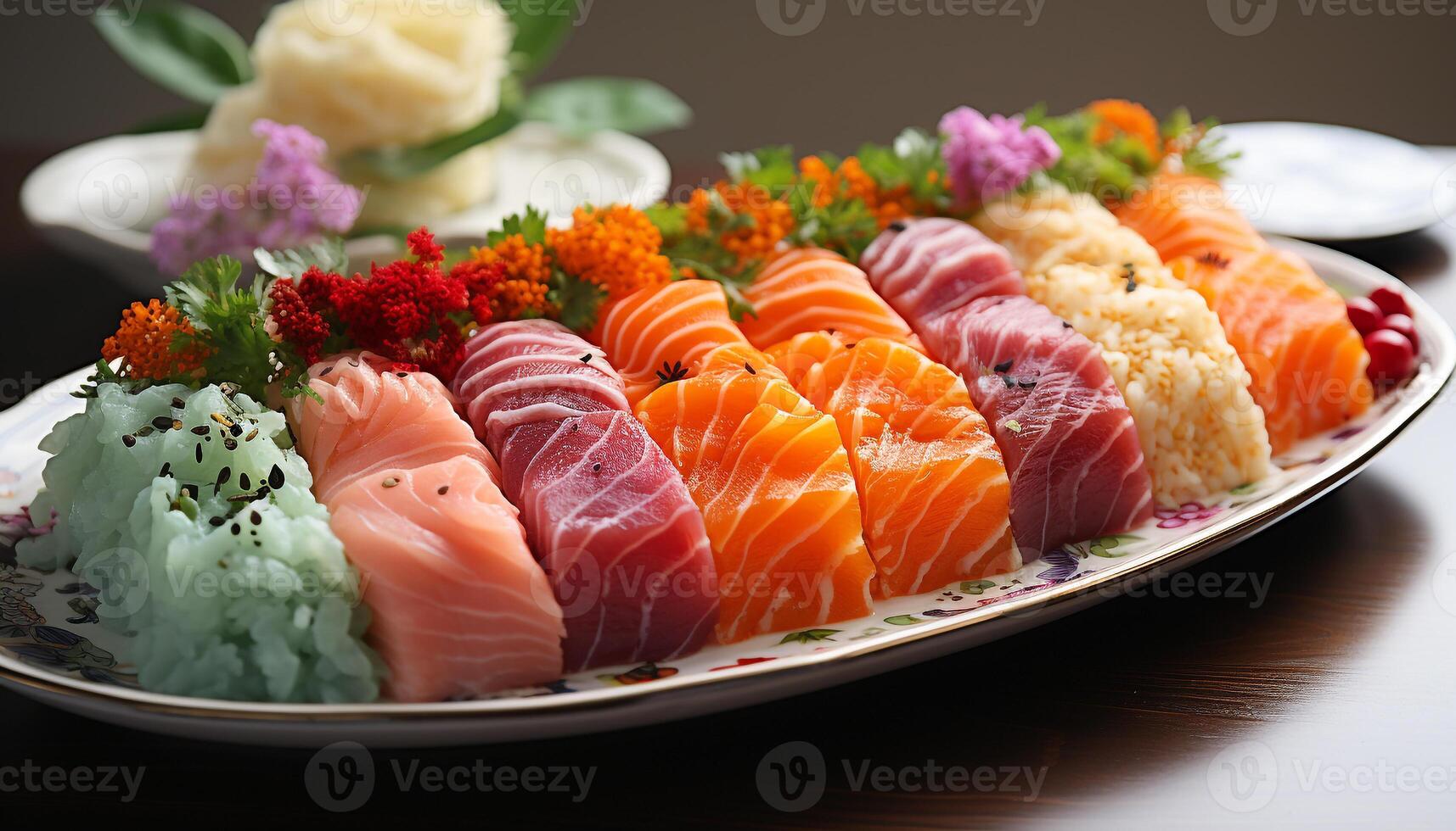 ai generado Fresco Mariscos comida sashimi, maqui, nigiris, con arroz y ensalada generado por ai foto