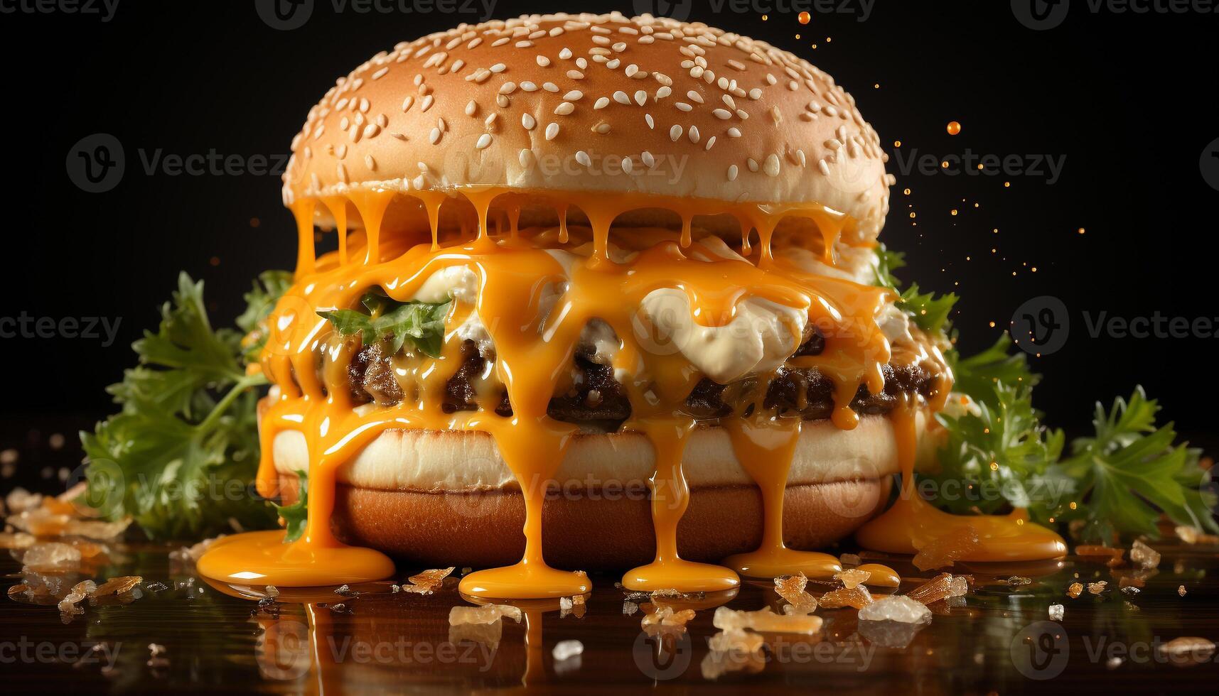 AI generated Grilled gourmet burger with melted cheddar on a sesame bun generated by AI photo