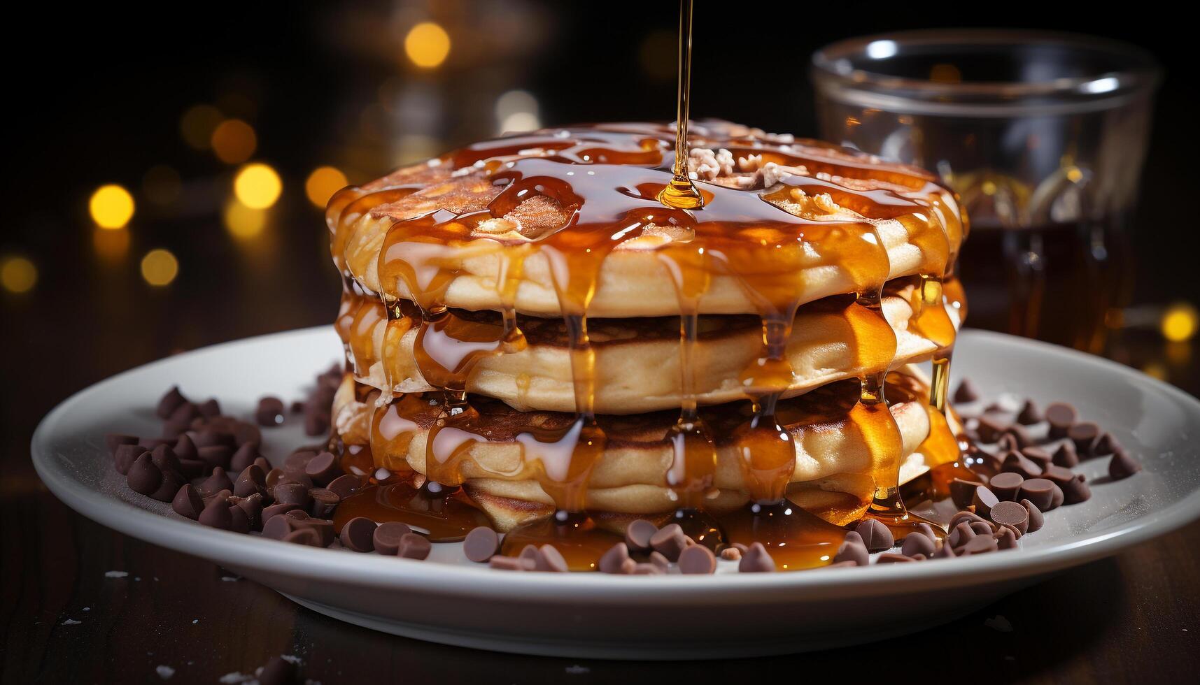 AI generated Freshly baked pancake stack with chocolate syrup and fruit decoration generated by AI photo