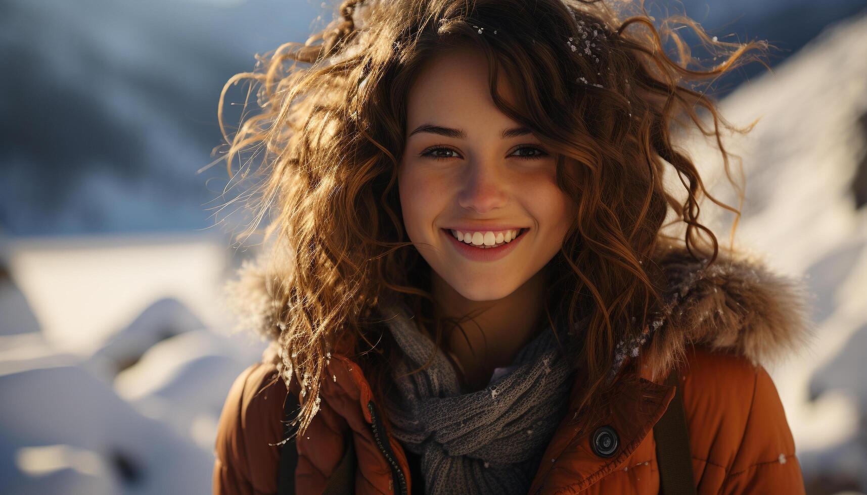 AI generated Smiling young woman in winter, enjoying nature beauty generated by AI photo