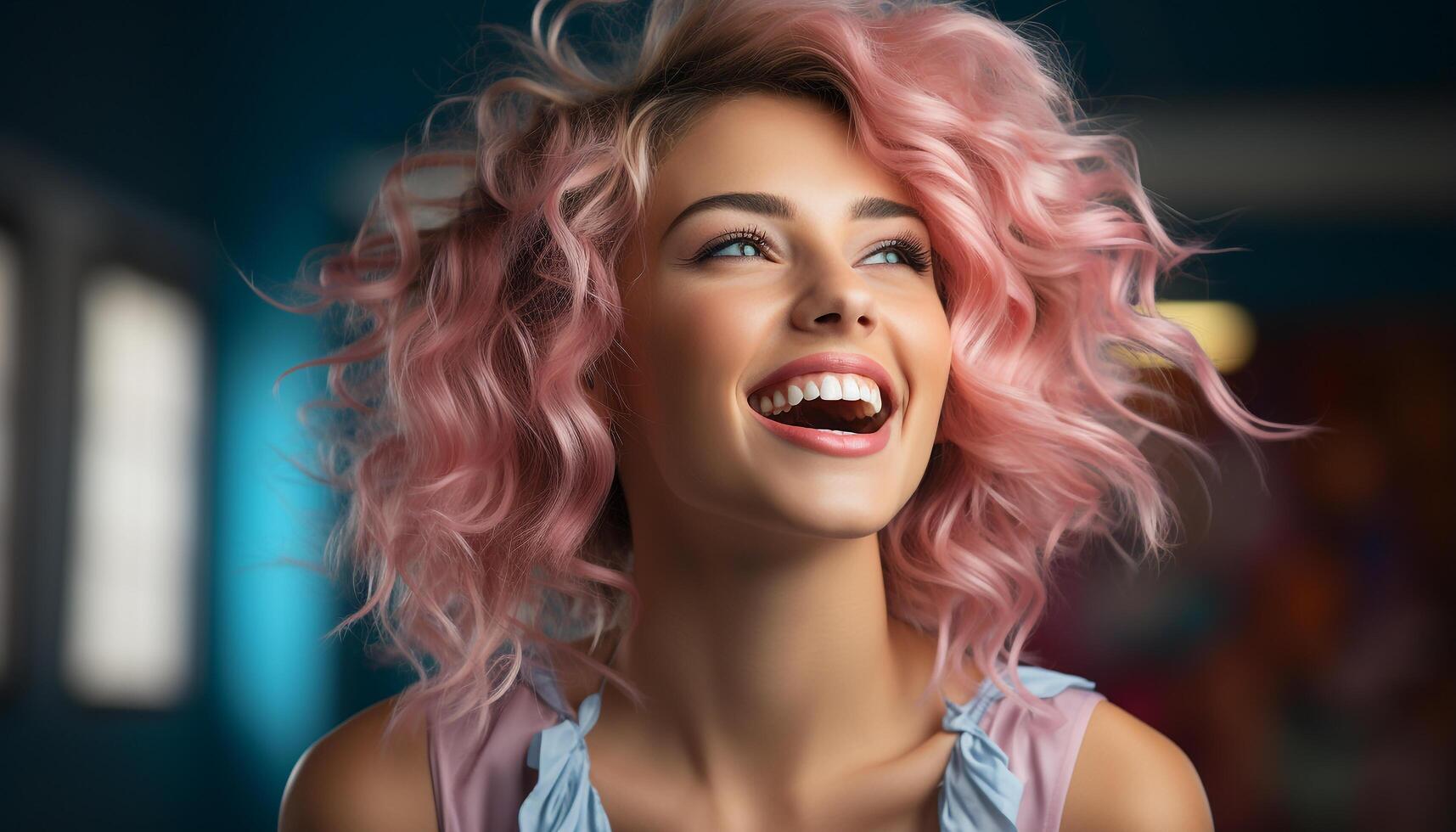 AI generated Smiling beauty, young woman, curly hair, looking at camera generated by AI photo