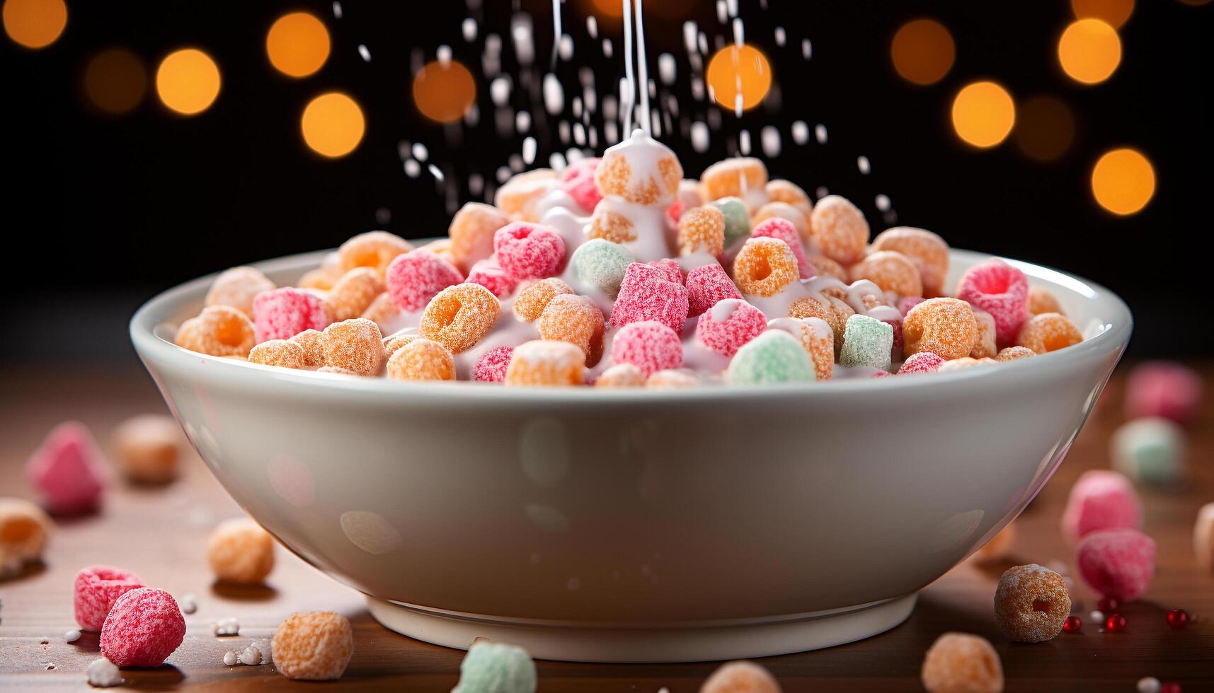 AI generated A colorful bowl of sweet treats candy, fruit, and cookies generated by AI photo