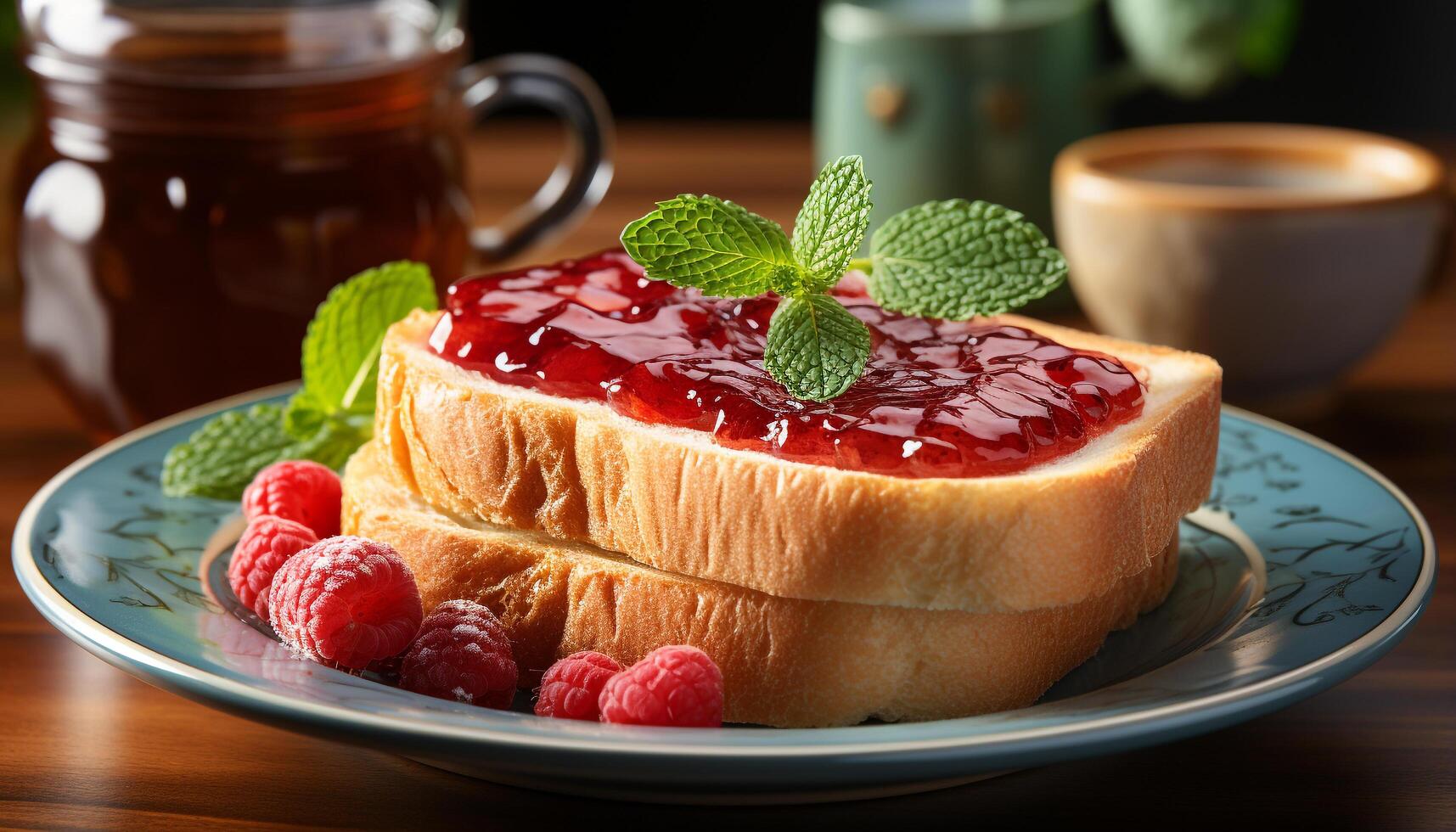 AI generated Freshness and sweetness on a rustic wooden plate, homemade dessert generated by AI photo