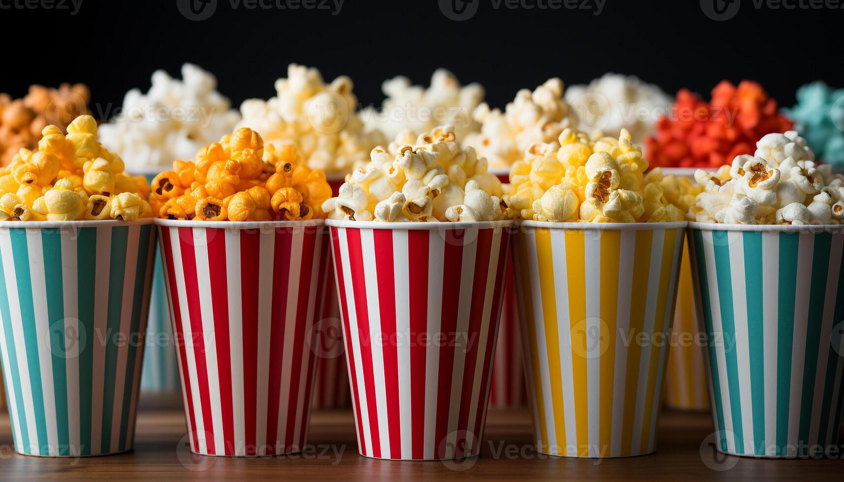 AI generated A striped cardboard box holds movie snacks in a bowl generated by AI photo