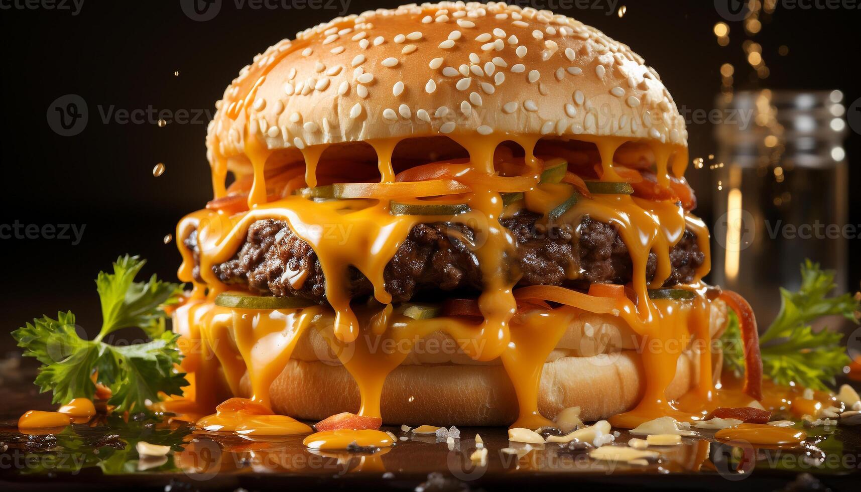 AI generated Grilled beef burger with cheese, tomato, and fresh vegetables generated by AI photo