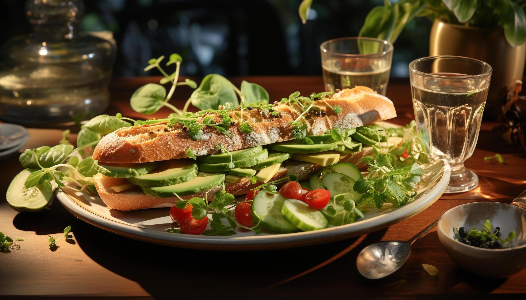 ai generado A la parrilla carne en ciabatta, Fresco ensalada, sano comiendo al aire libre generado por ai foto