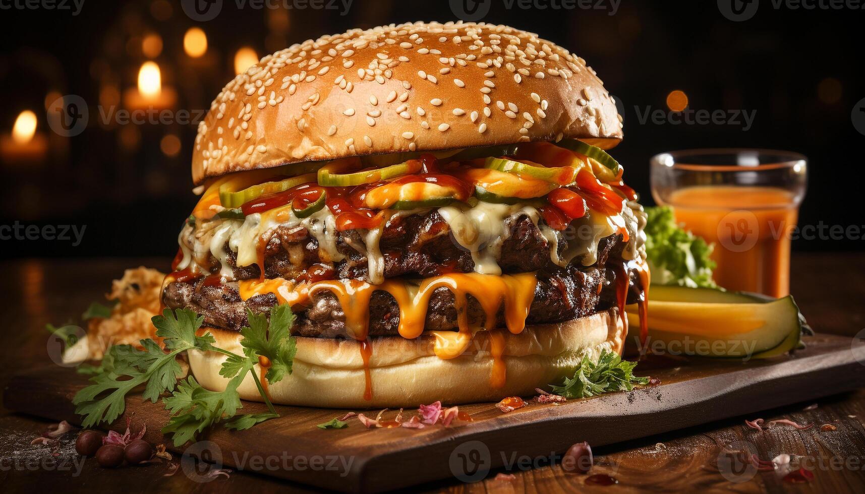 AI generated Grilled gourmet burger on homemade bun, with fresh vegetables generated by AI photo