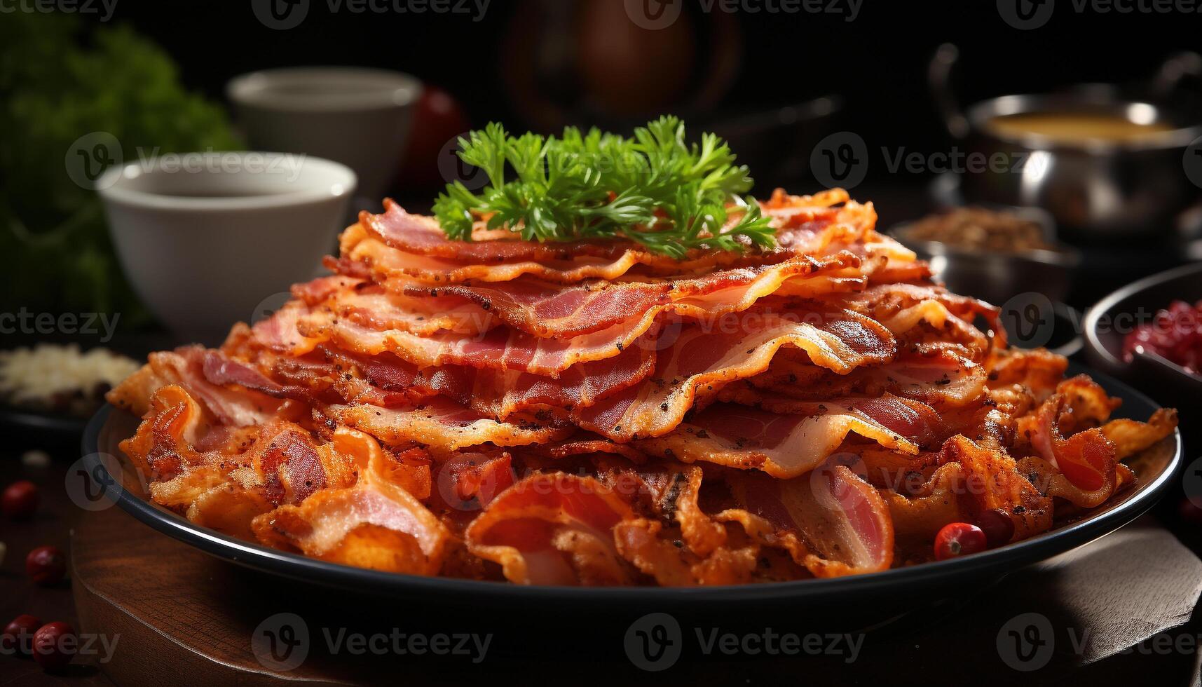 AI generated Grilled pork slice on wooden plate, ready to eat barbecue meal generated by AI photo