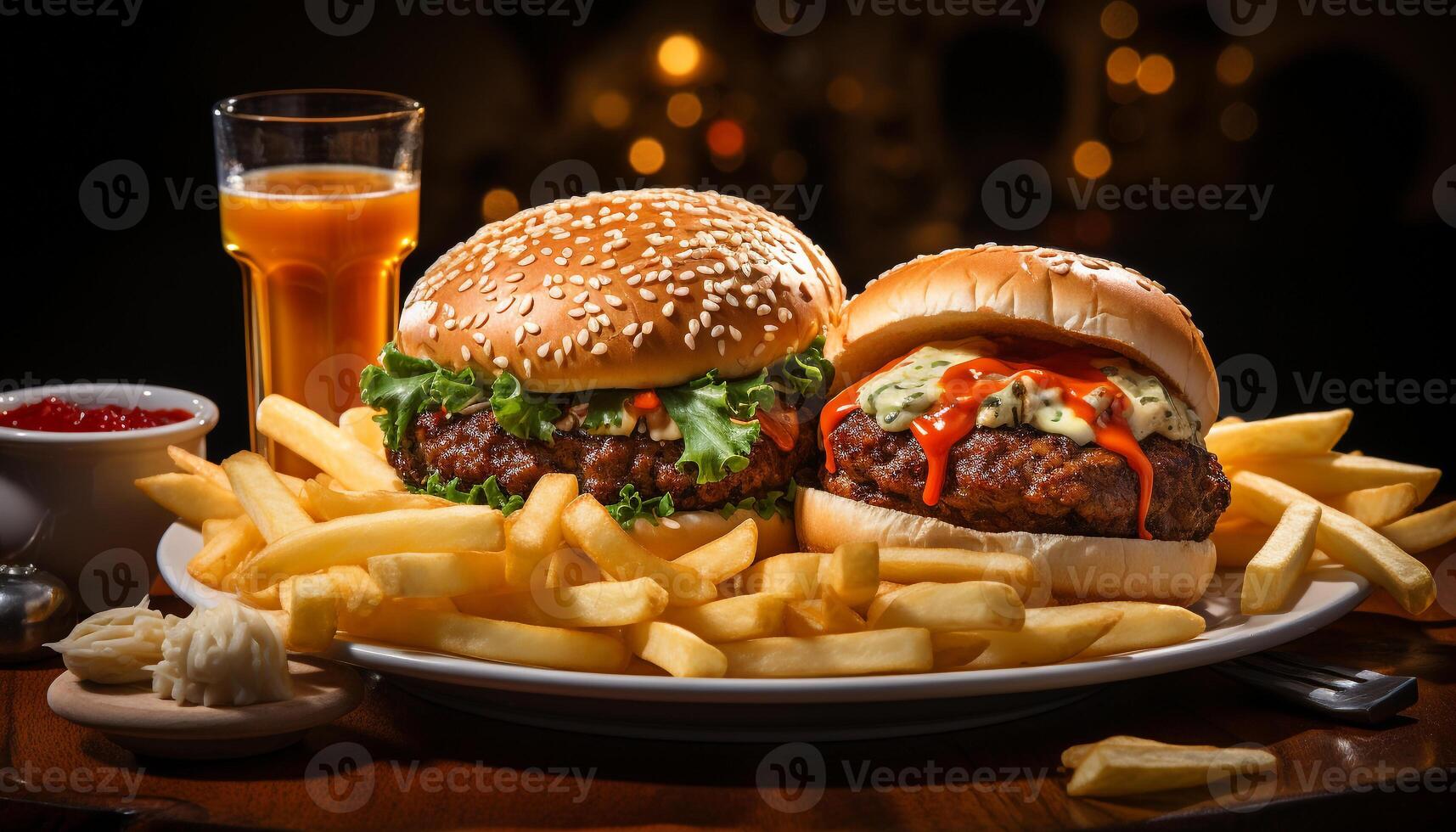 AI generated Gourmet burger with cheese, fries, and refreshing cola drink generated by AI photo