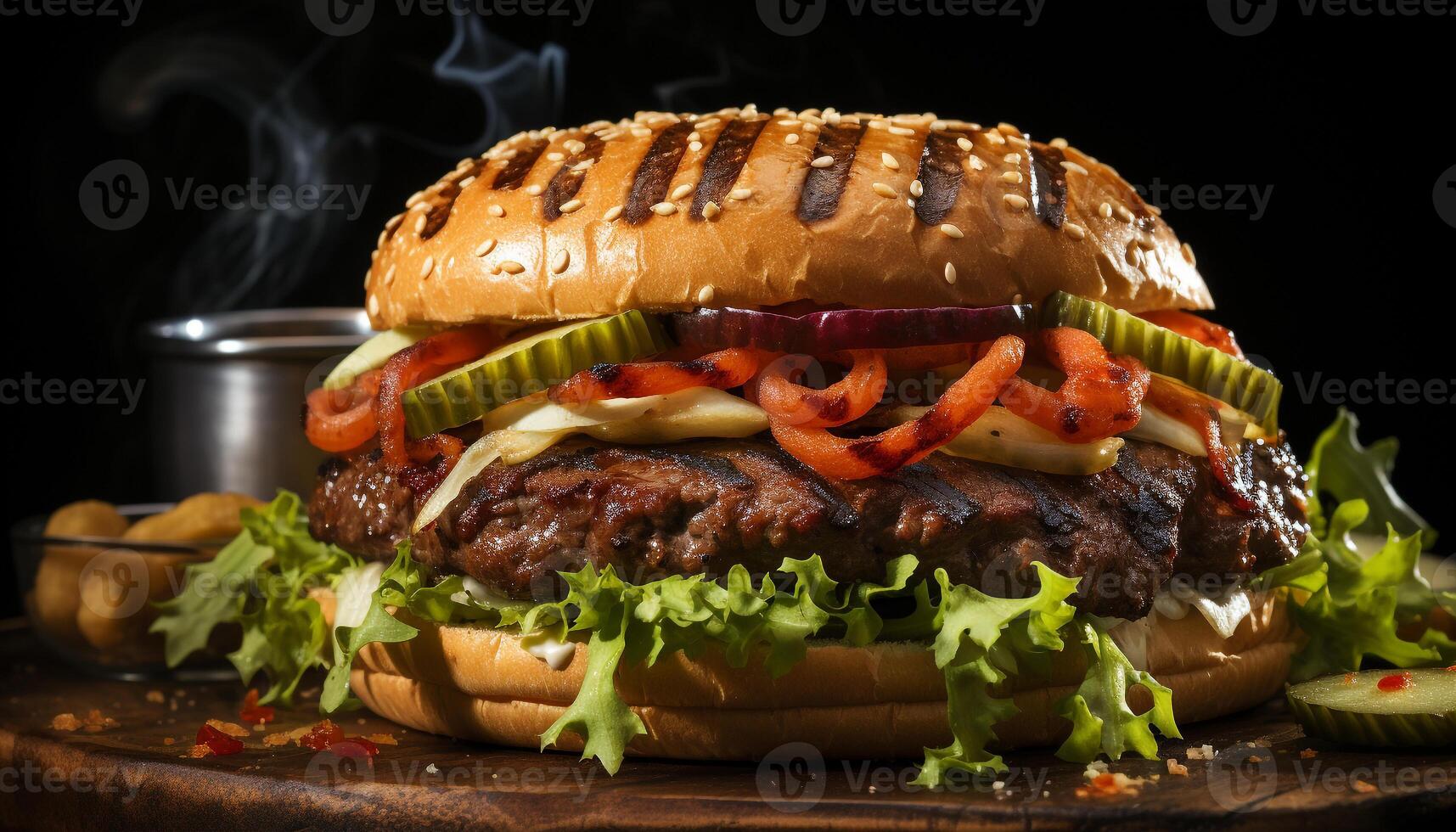 AI generated Grilled beef burger with cheese, tomato, and homemade bun generated by AI photo