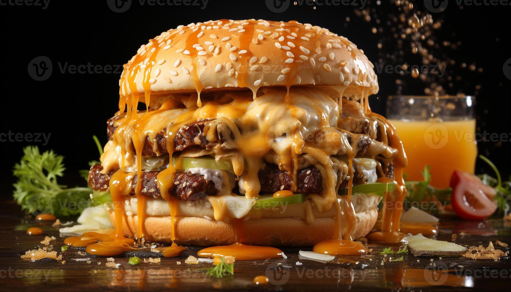 AI generated Grilled beef burger with cheese, tomato, and fresh vegetables generated by AI photo