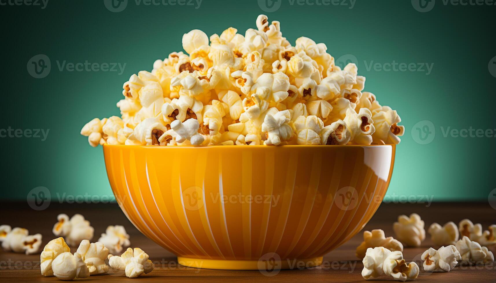 AI generated Fresh popcorn in a yellow bowl, perfect movie snack generated by AI photo