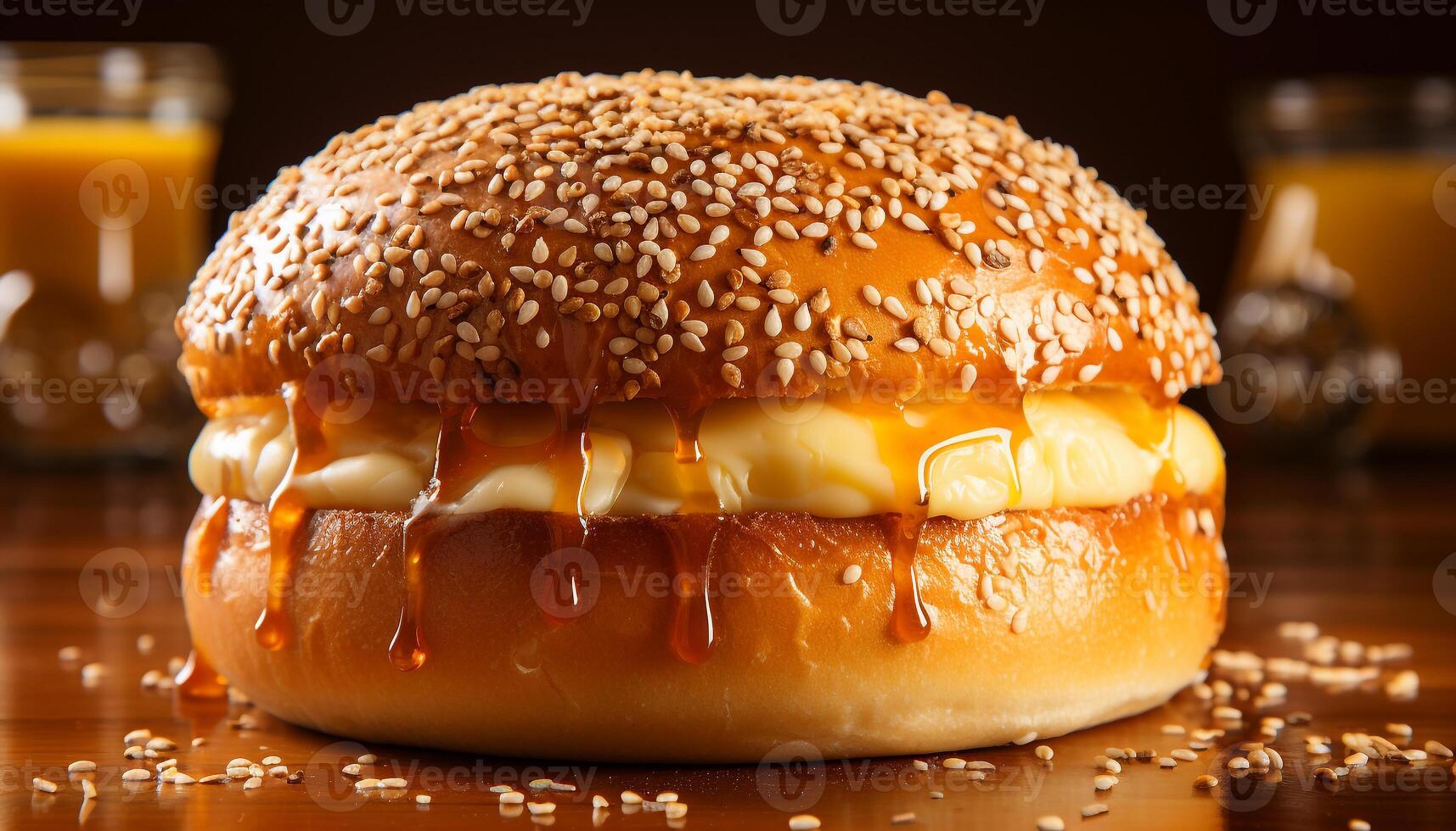 AI generated Freshly grilled burger on wooden table, a delicious meal generated by AI photo