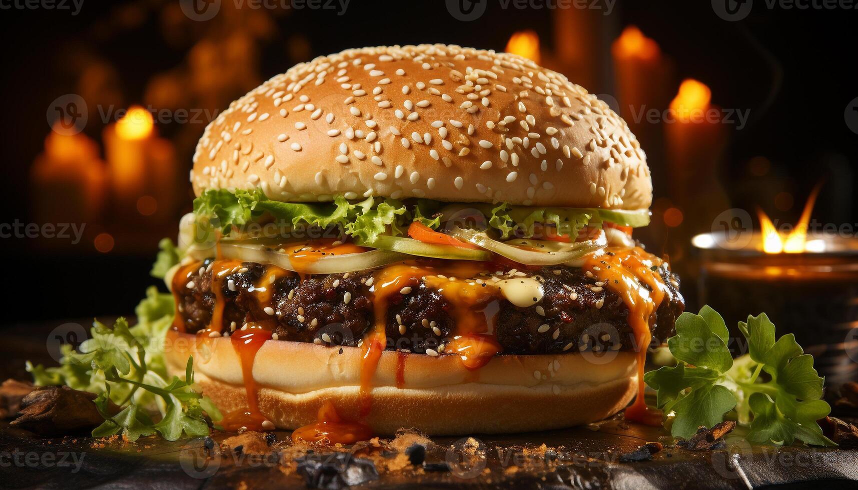 AI generated Grilled beef burger on sesame bun, cheese melting, ready to eat generated by AI photo