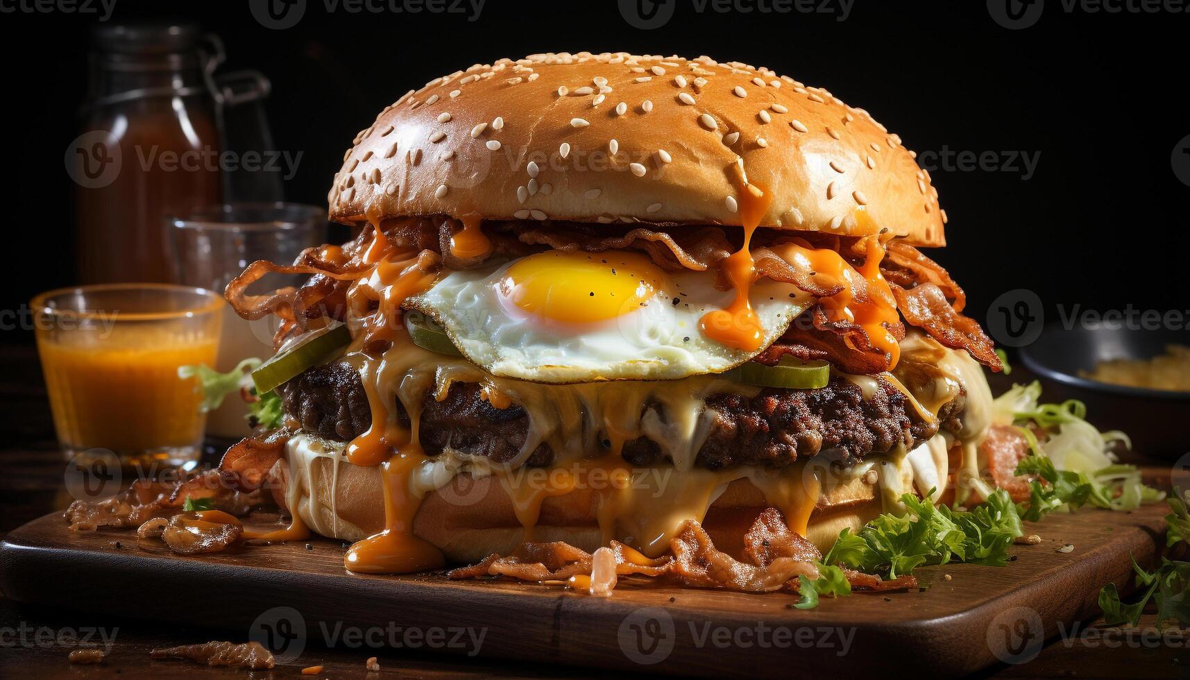 AI generated Grilled beef burger on bun, with cheese and fries generated by AI photo