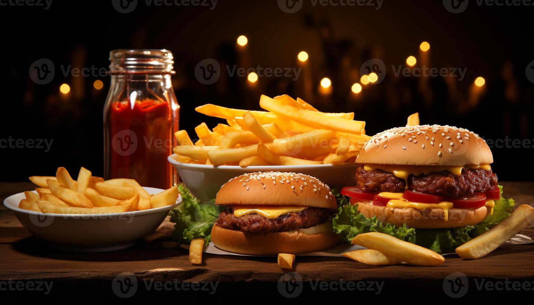 AI generated Gourmet cheeseburger, fries, and cola a delicious American meal generated by AI photo