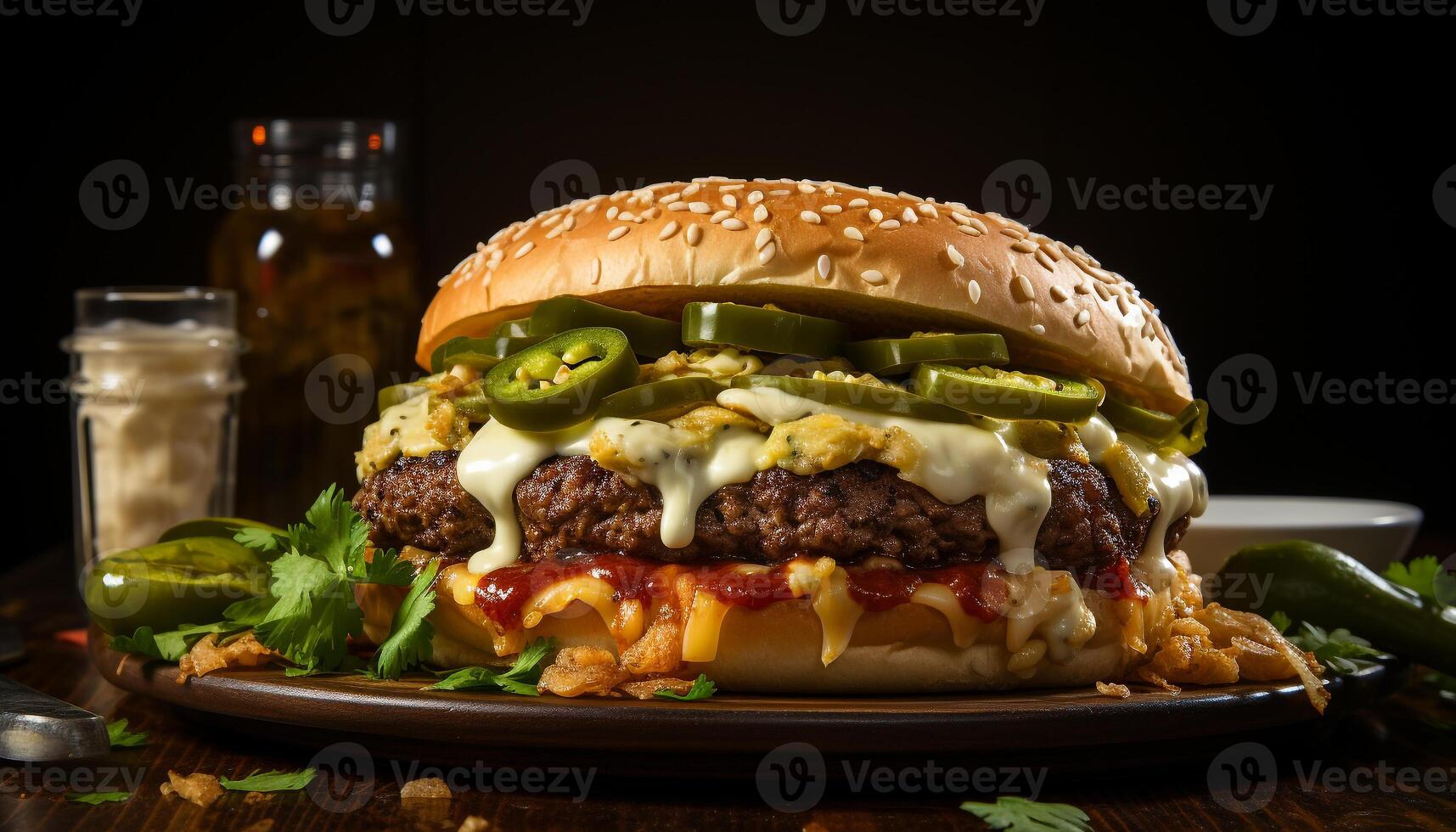 AI generated Grilled gourmet burger with fresh tomato, cheese, and vegetables generated by AI photo