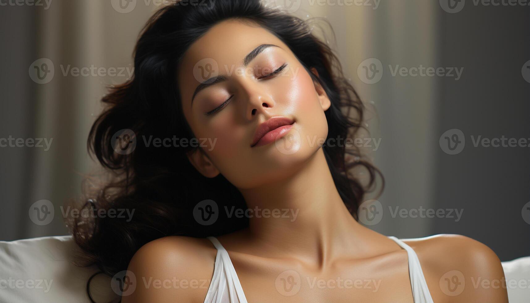 AI generated Beautiful woman with brown hair, eyes closed, smiling in bedroom generated by AI photo