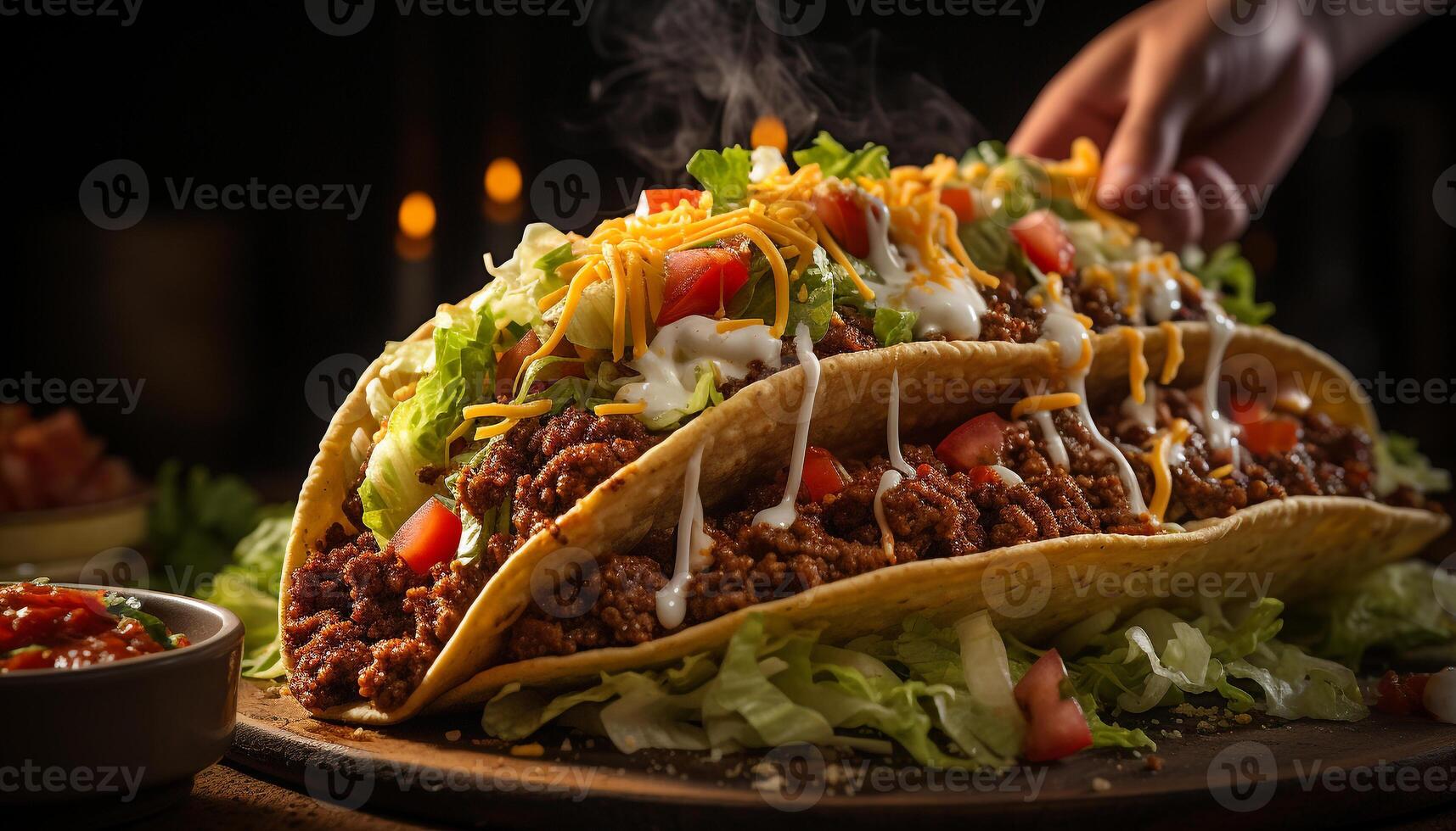 AI generated Grilled beef taco with guacamole on flatbread, a gourmet snack generated by AI photo