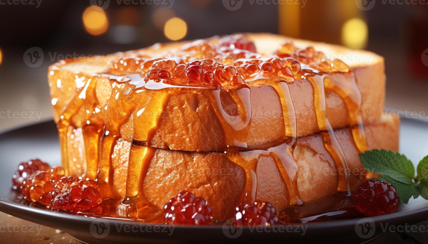 AI generated Homemade pancake stack with fresh fruit and sweet syrup generated by AI photo
