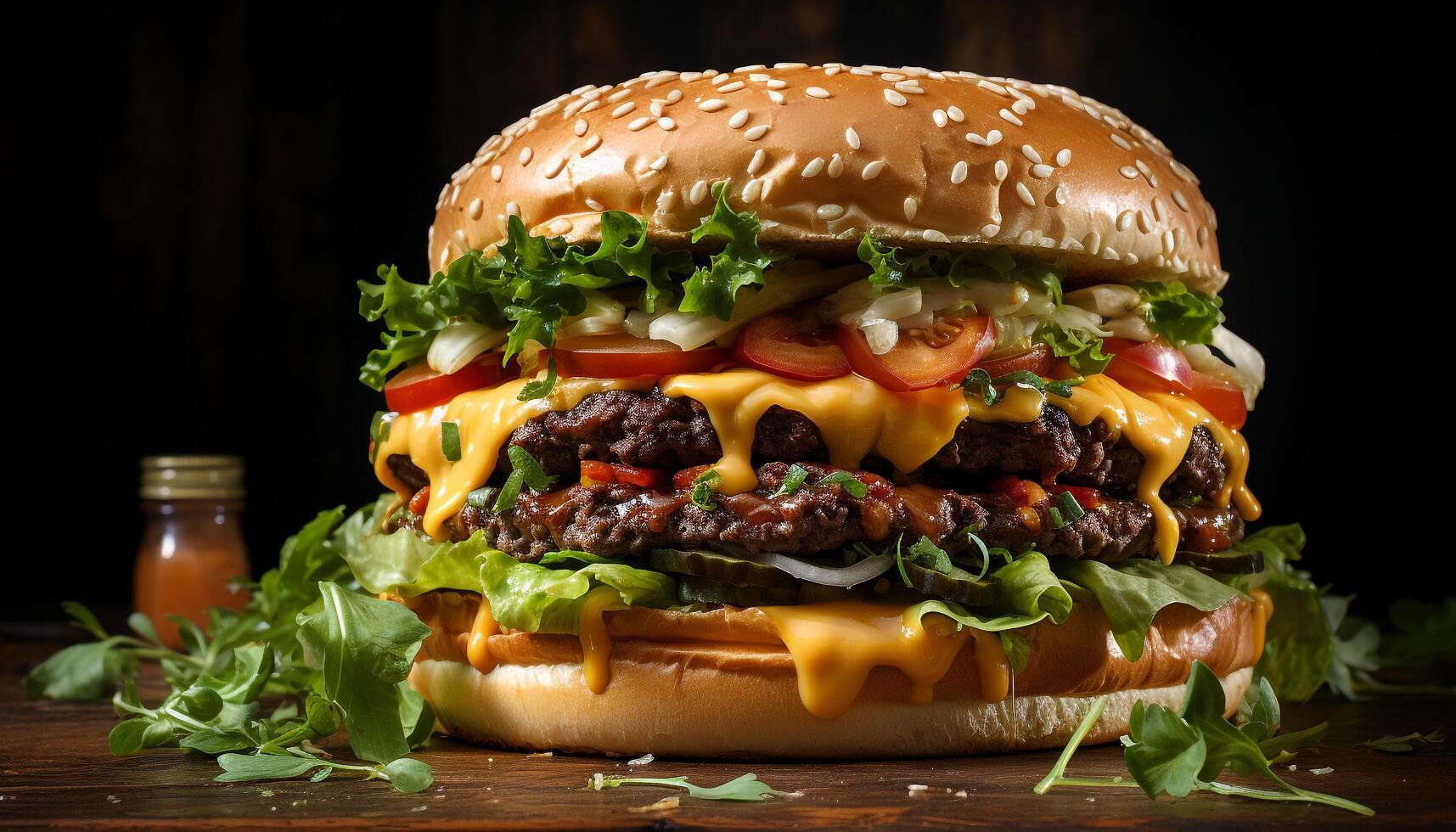 ai generado A la parrilla gastrónomo hamburguesa con queso, tomate, y Fresco vegetales generado por ai foto