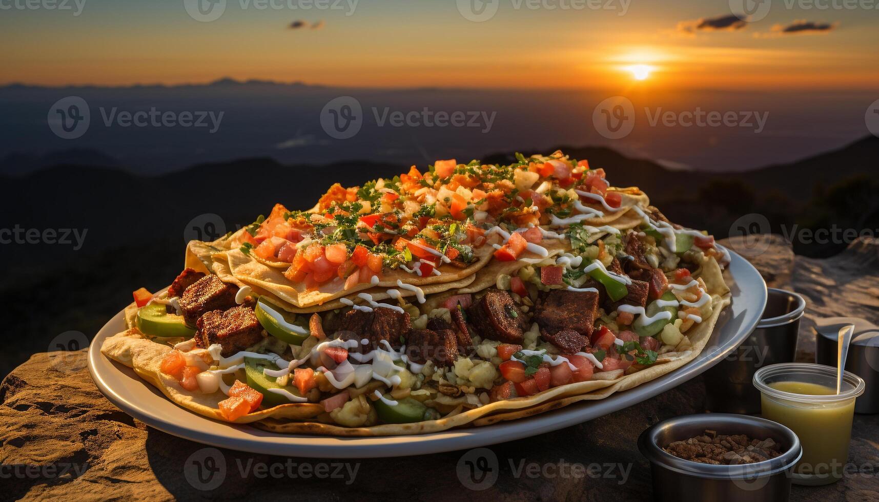 AI generated Freshness on a plate grilled meat, taco, guacamole, tomato, cilantro generated by AI photo