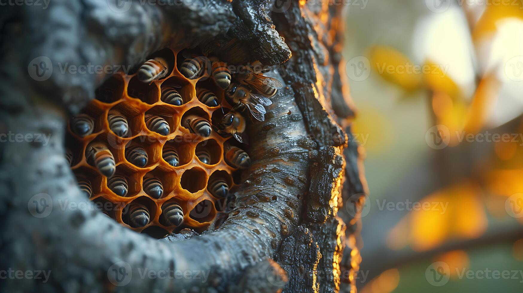 ai generado un abeja nido dentro un grande árbol foto