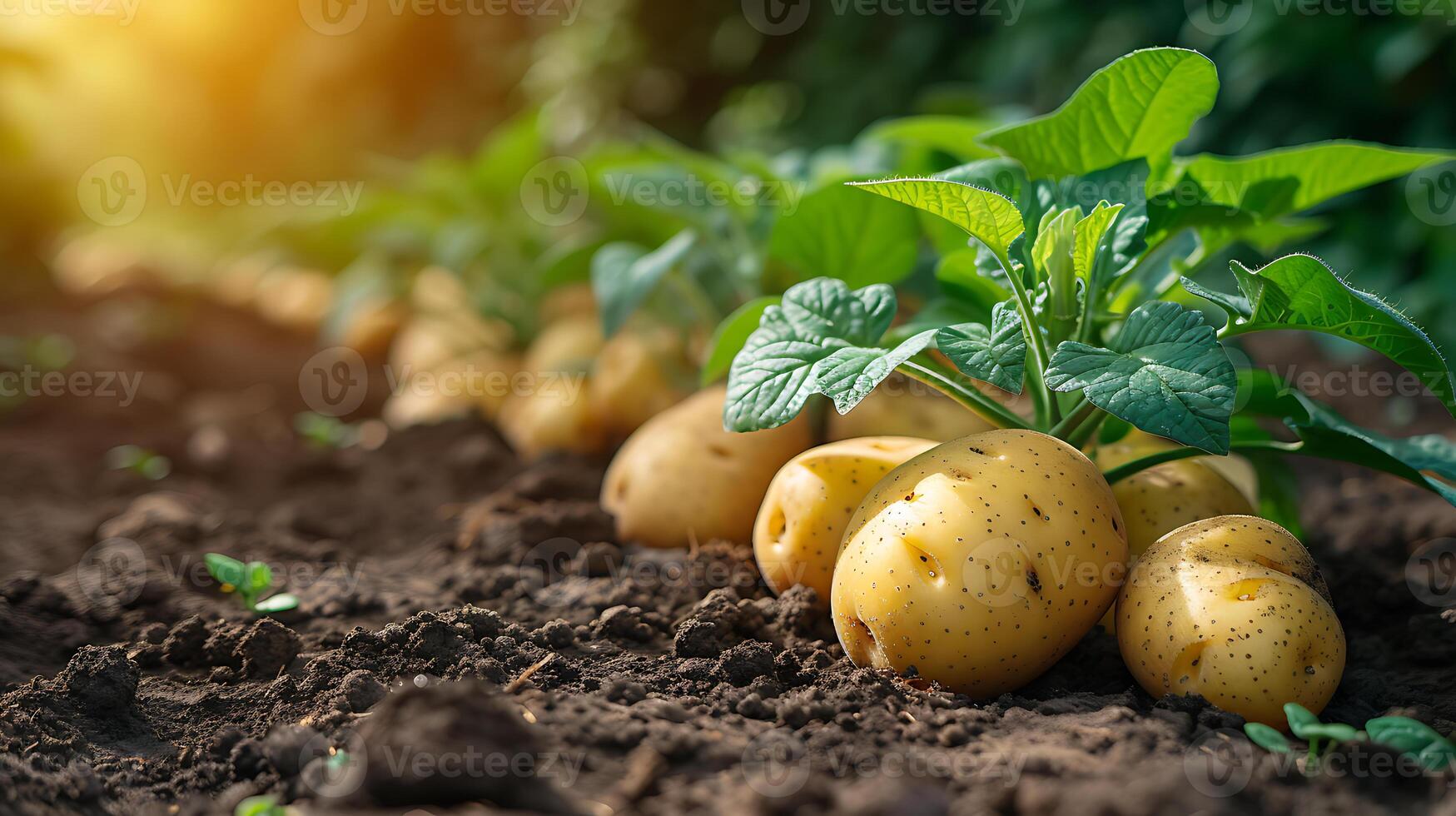 AI generated Organic fresh potato field close up view photo