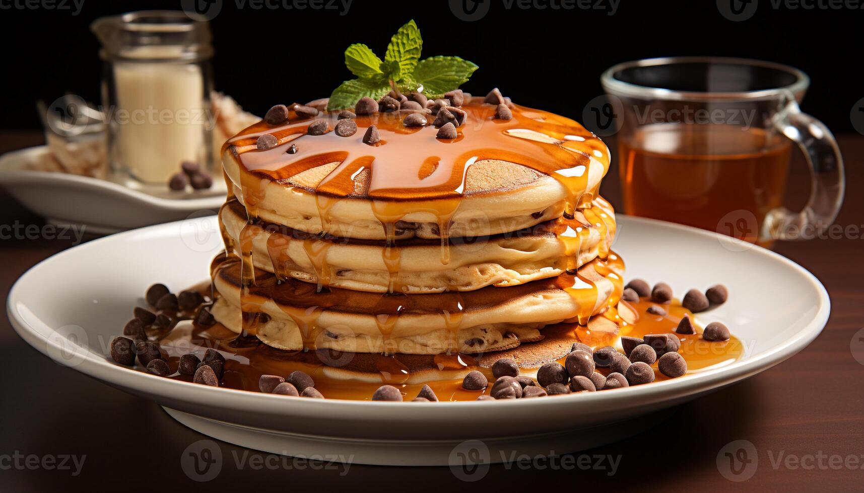 AI generated Freshly baked pancakes stacked high with chocolate and berry syrup generated by AI photo