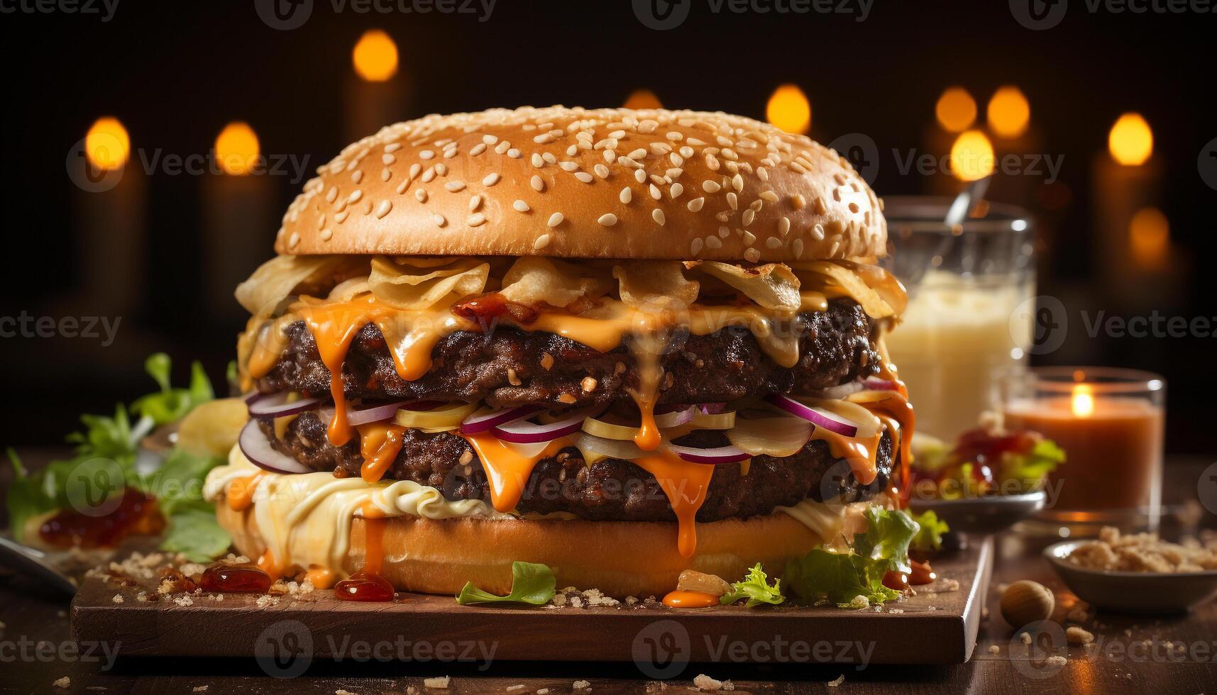 AI generated Grilled gourmet burger on a rustic wooden table generated by AI photo